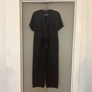 Able split-neck Shirley short-sleeve utility jumpsuit in black - 100% cotton